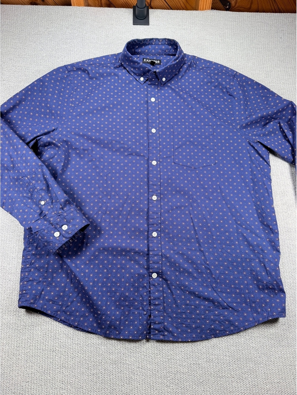 Express Men's XL Navy Blue Button-Down Shirt with Red and White Pattern